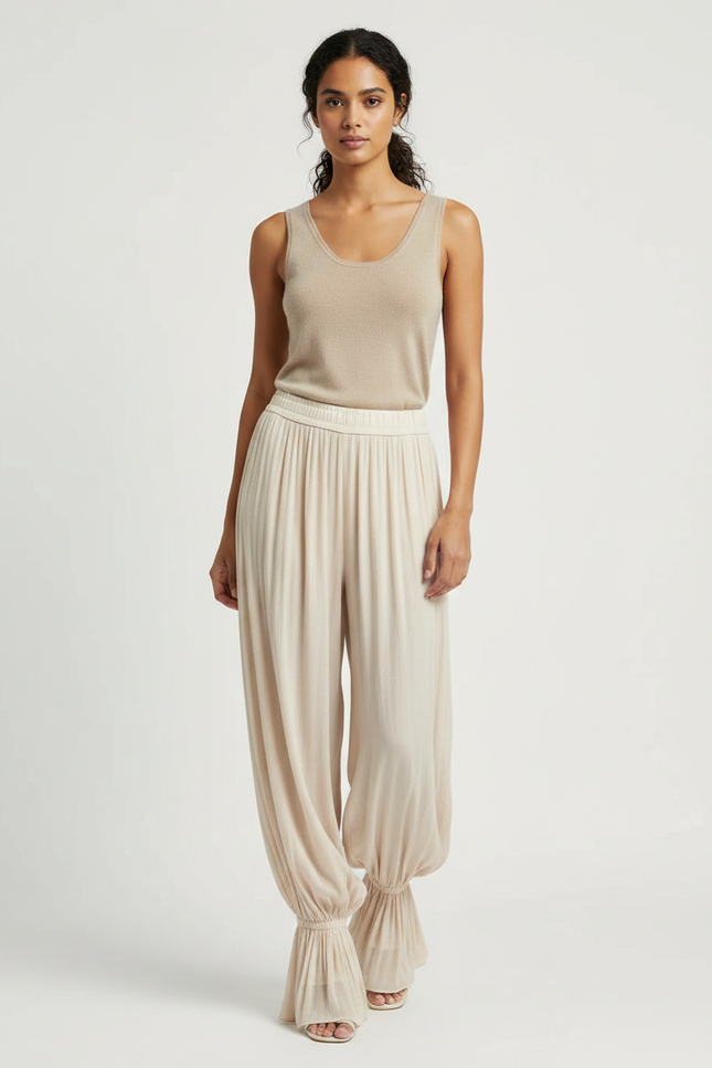 Pantalon Fluide Beige Plissé Ample Chevilles Élastiquées - Viscose