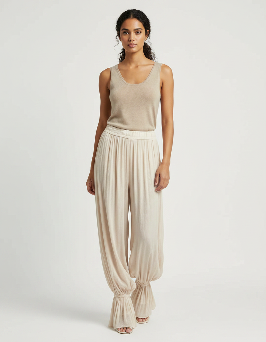 Pantalon Fluide Beige Plissé Ample Chevilles Élastiquées - Viscose