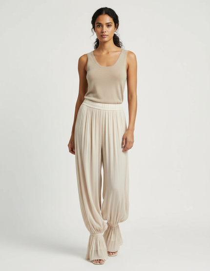Pantalon Fluide Beige Plissé Ample Chevilles Élastiquées - Viscose