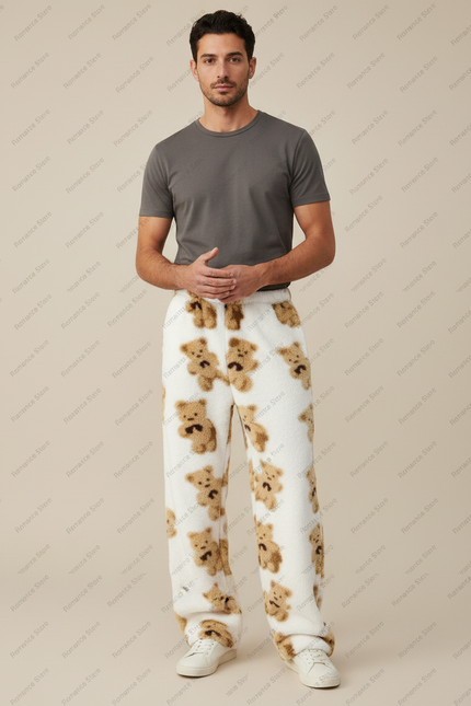 Pantalon Fluide Blanc Oursons Polaire Ample Confortable - Molleton