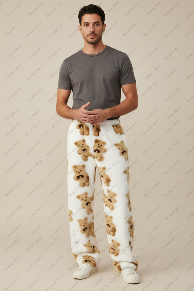 Pantalon Fluide Blanc Oursons Polaire Ample Confortable - Molleton