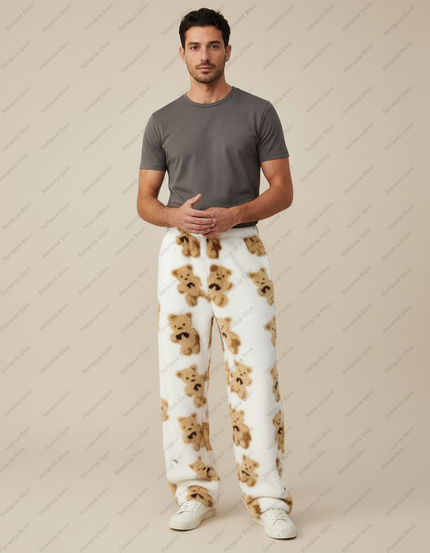 Pantalon Fluide Blanc Oursons Polaire Ample Confortable - Molleton