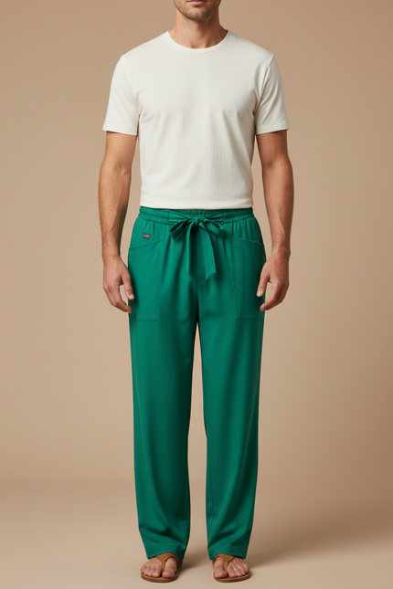 Pantalon Fluide Vert Émeraude Droit Cordon Homme - Viscose
