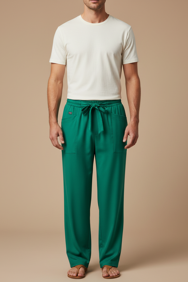 Pantalon Fluide Vert Émeraude Droit Cordon Homme - Viscose