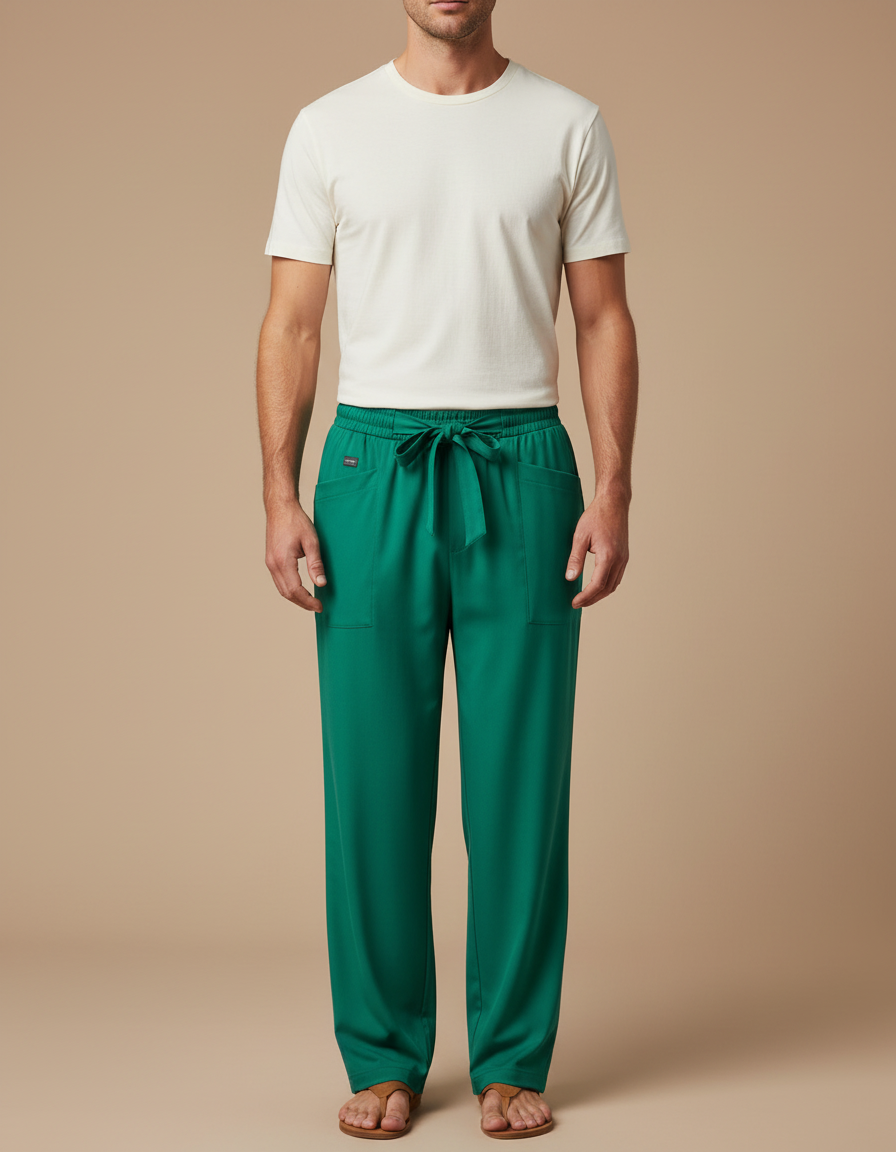Pantalon Fluide Vert Émeraude Droit Cordon Homme - Viscose