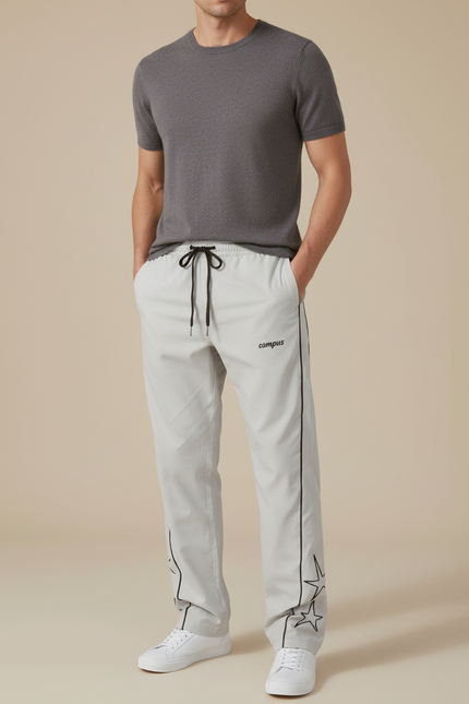 Pantalon Fluide Gris Étoiles Brodées Sport Décontracté Homme - Polyester