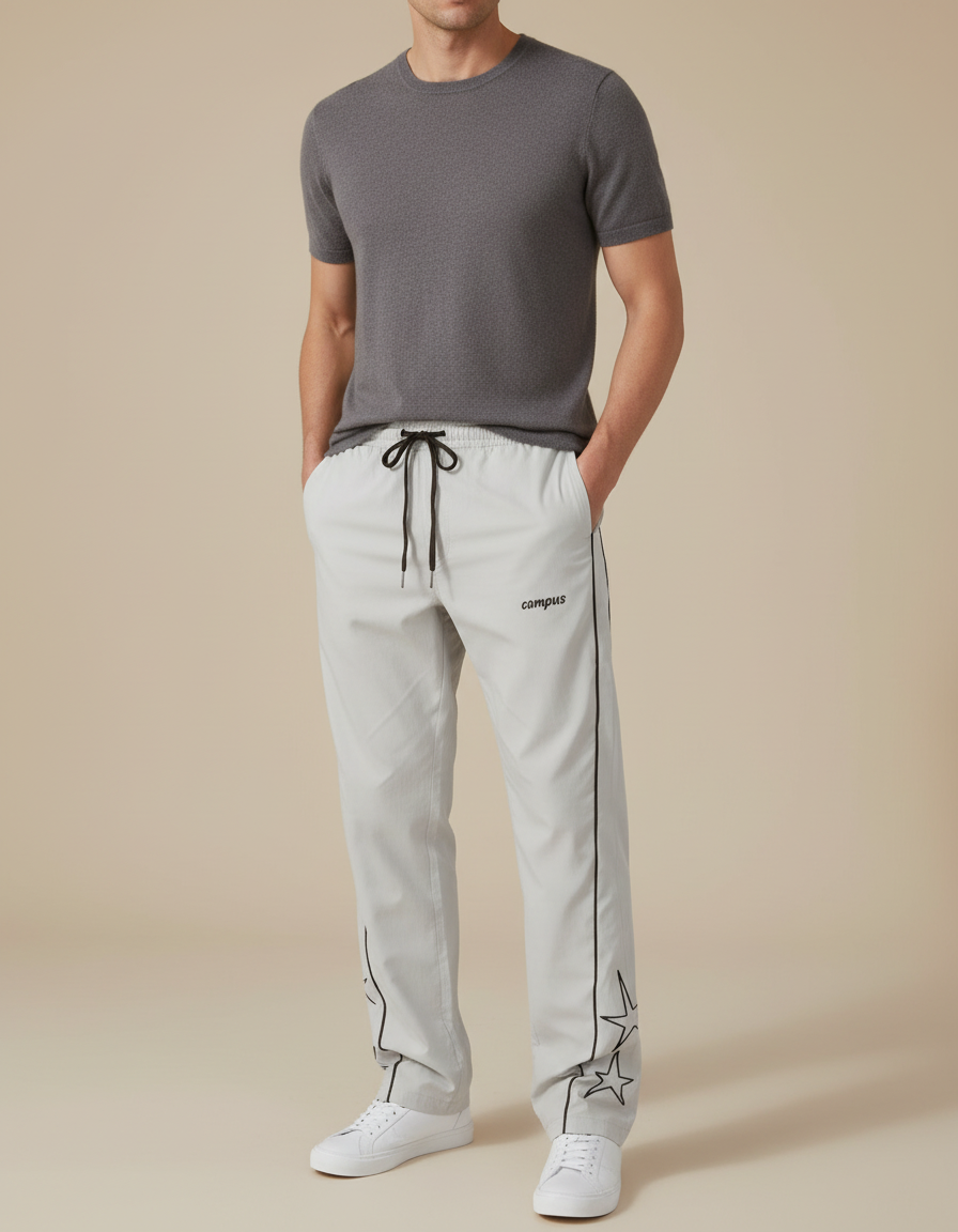 Pantalon Fluide Gris Étoiles Brodées Sport Décontracté Homme - Polyester