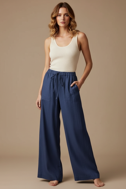 Pantalon Fluide Bleu Cordon Ample Lin Femme
