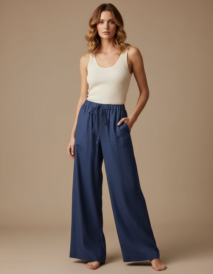 Pantalon Fluide Bleu Cordon Ample Lin Femme