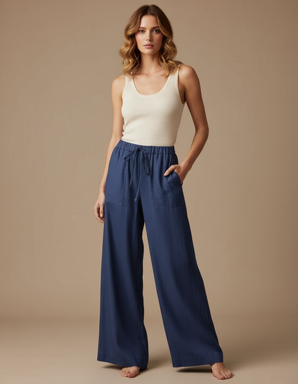 Pantalon Fluide Bleu Cordon Ample Lin Femme