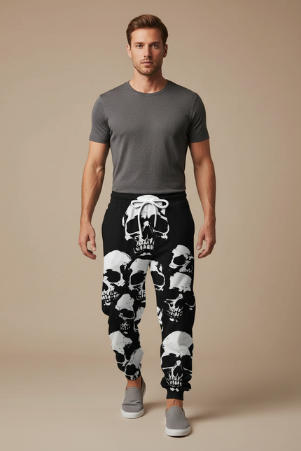 Pantalon Fluide Noir Crânes Blancs Ample Décontracté Homme - Molleton