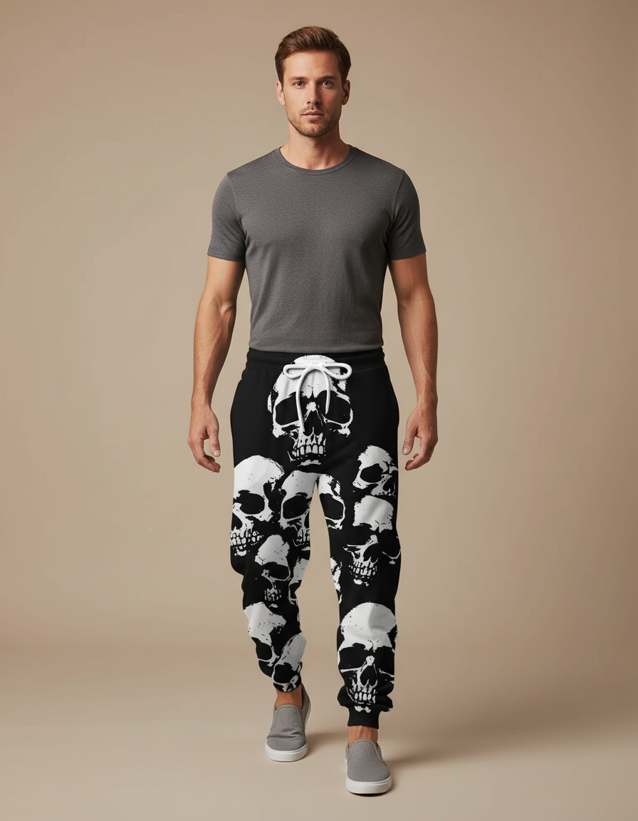 Pantalon Fluide Noir Crânes Blancs Ample Décontracté Homme - Molleton
