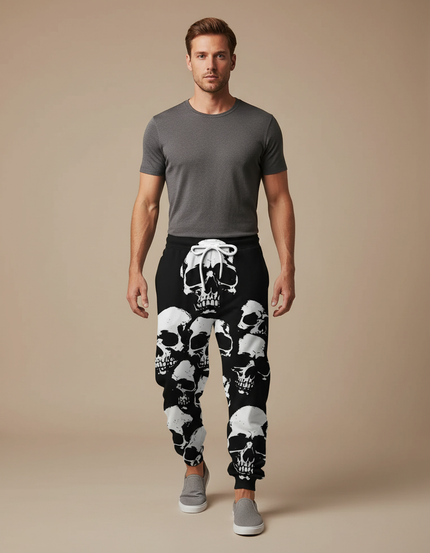 Pantalon Fluide Noir Crânes Blancs Ample Décontracté Homme - Molleton