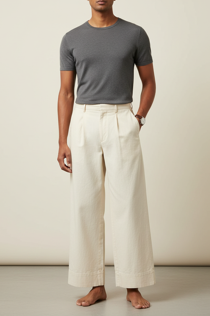 Pantalon Fluide Écru Ample Plissé Décontracté Léger - Beige Toile