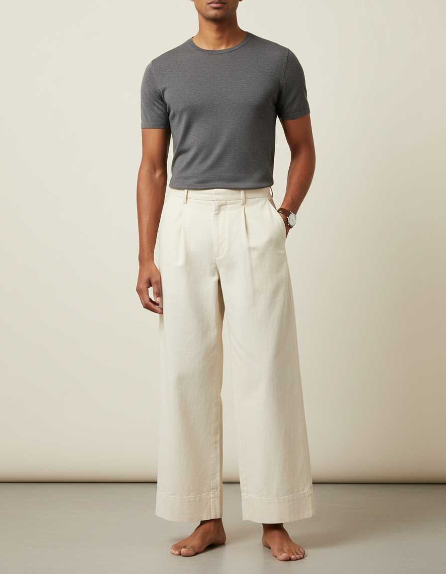 Pantalon Fluide Écru Ample Plissé Décontracté Léger - Beige Toile