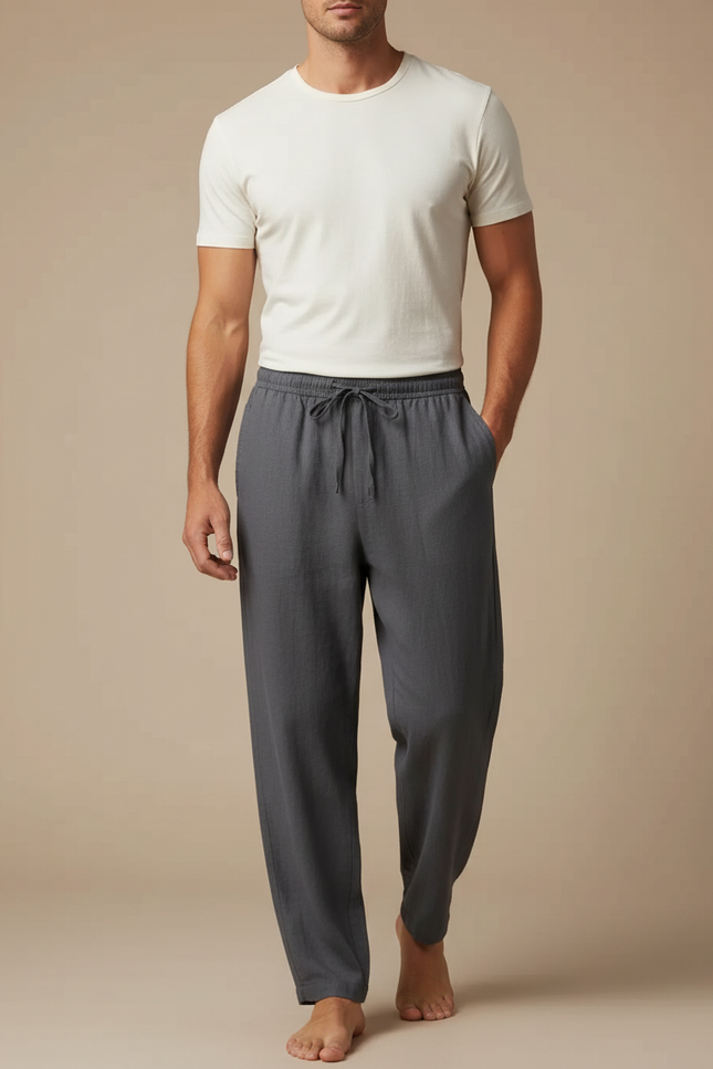 Pantalon Fluide Gris Coton Ample Décontracté Homme Cordon - Lin