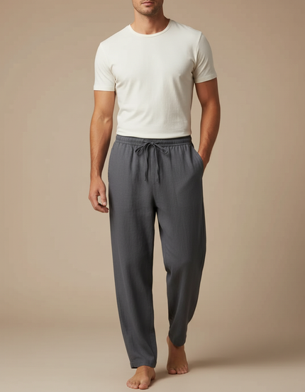 Pantalon Fluide Gris Coton Ample Décontracté Homme Cordon - Lin