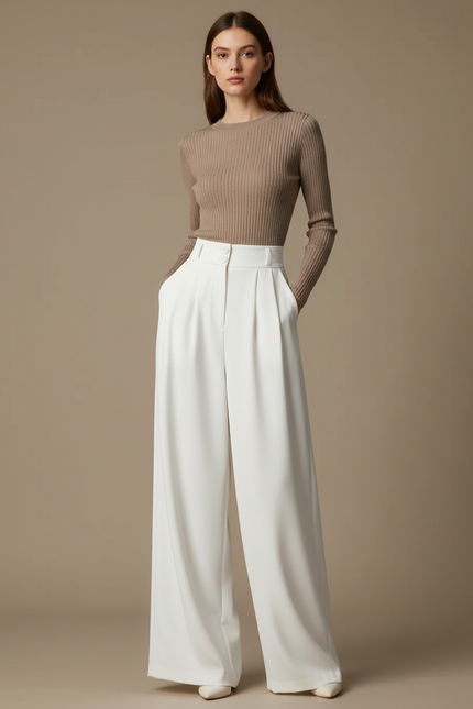 Pantalon Fluide Blanc Ample Taille Haute Élégant Plissé - Polyester