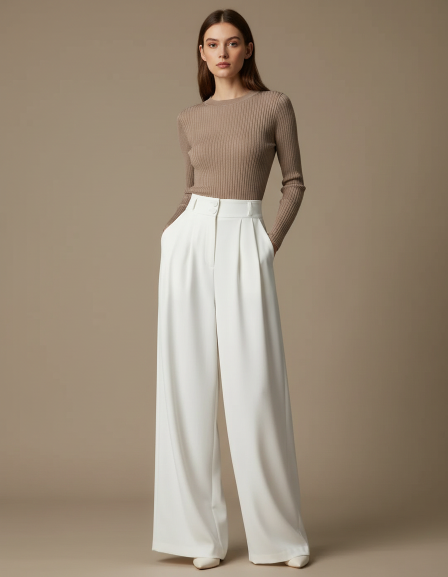 Pantalon Fluide Blanc Ample Taille Haute Élégant Plissé - Polyester