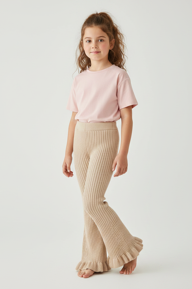 Pantalon Fluide Beige Côtelé Évasé Tricoté Fille - Maille