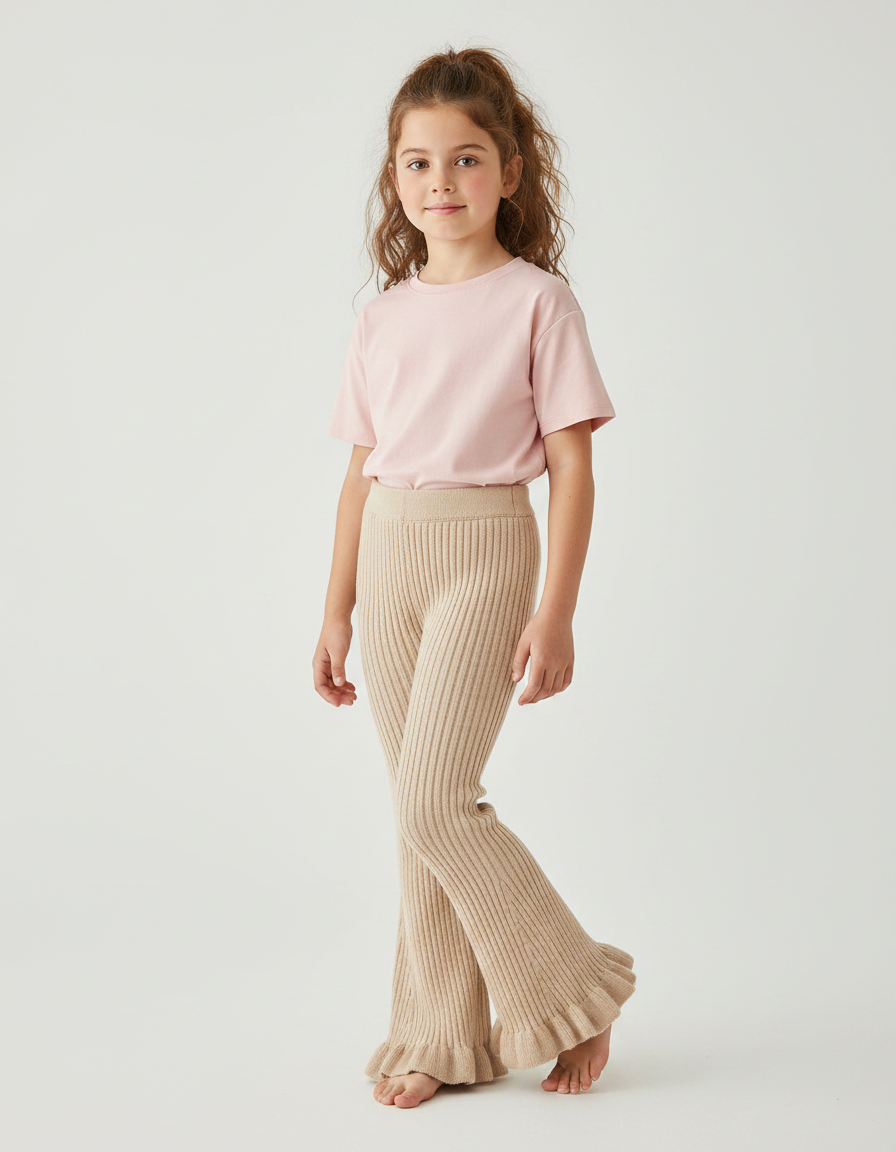 Pantalon Fluide Beige Côtelé Évasé Tricoté Fille - Maille