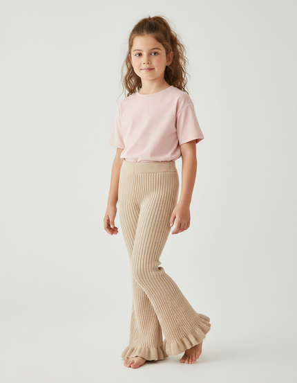 Pantalon Fluide Beige Côtelé Évasé Tricoté Fille - Maille