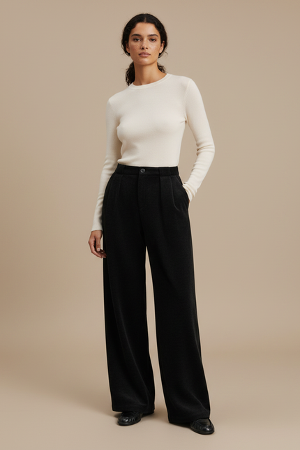 Pantalon Fluide Noir Ample Laine Épais Élégant