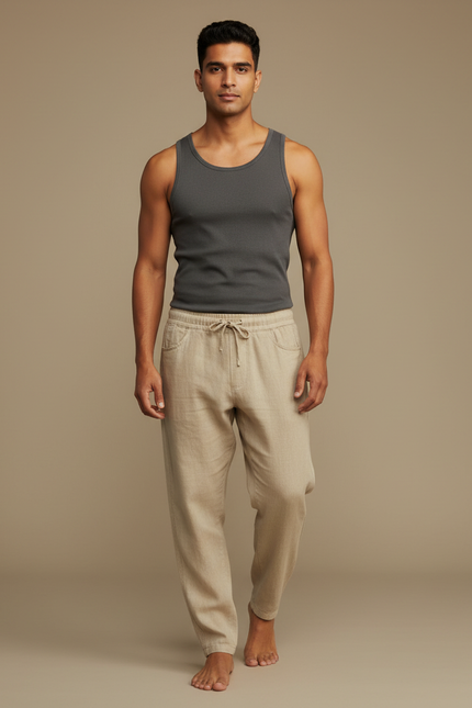 Pantalon Fluide Beige Coton Lin Décontracté Homme