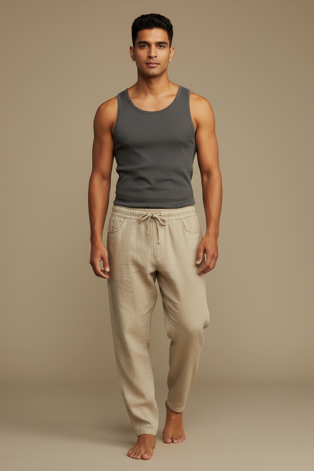 Pantalon Fluide Beige Coton Lin Décontracté Homme