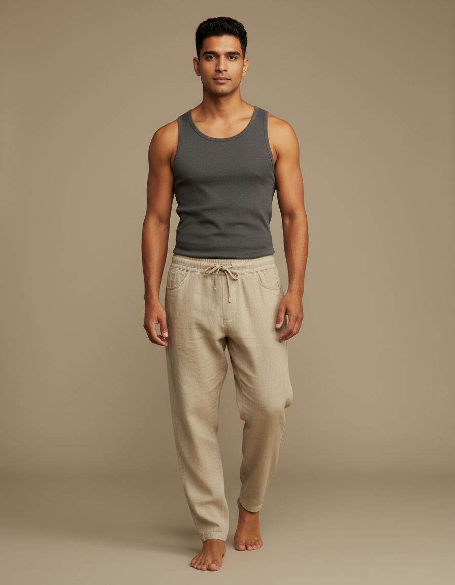 Pantalon Fluide Beige Coton Lin Décontracté Homme