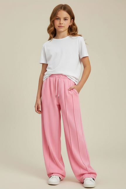 Pantalon Fluide Rose Ample Cordon Décontracté Fille - Molleton