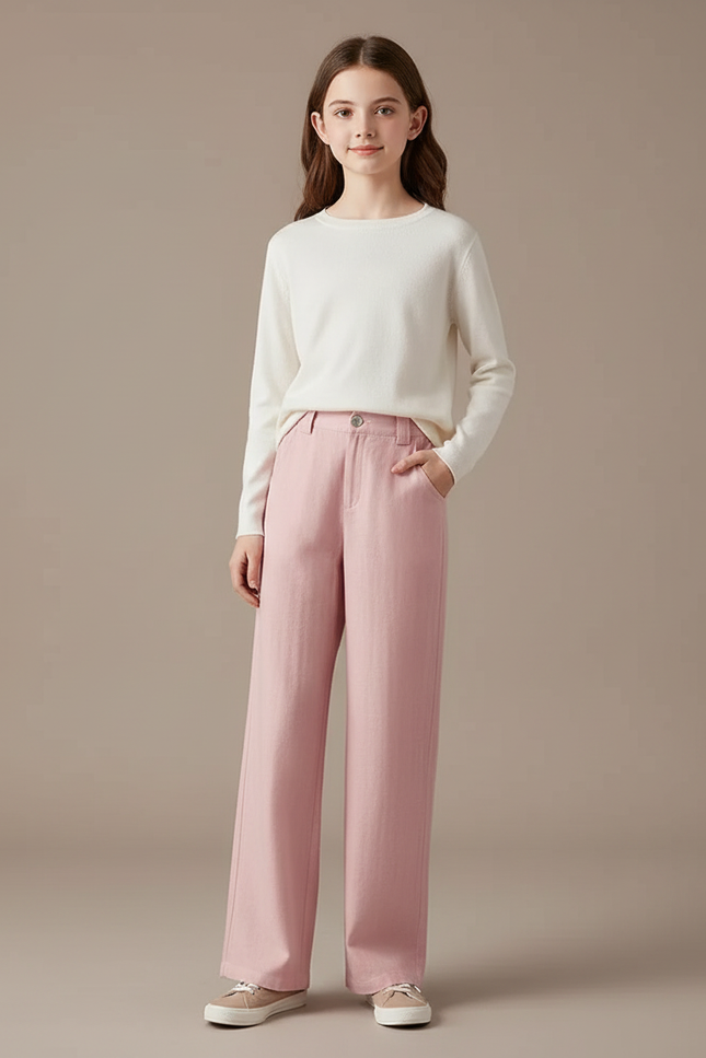 Pantalon Fluide Rose Ample Décontracté Lin Fille
