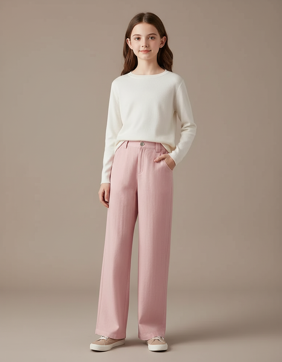 Pantalon Fluide Rose Ample Décontracté Lin Fille