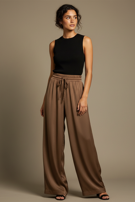 Pantalon Fluide Marron Satiné Ample Décontracté Femme