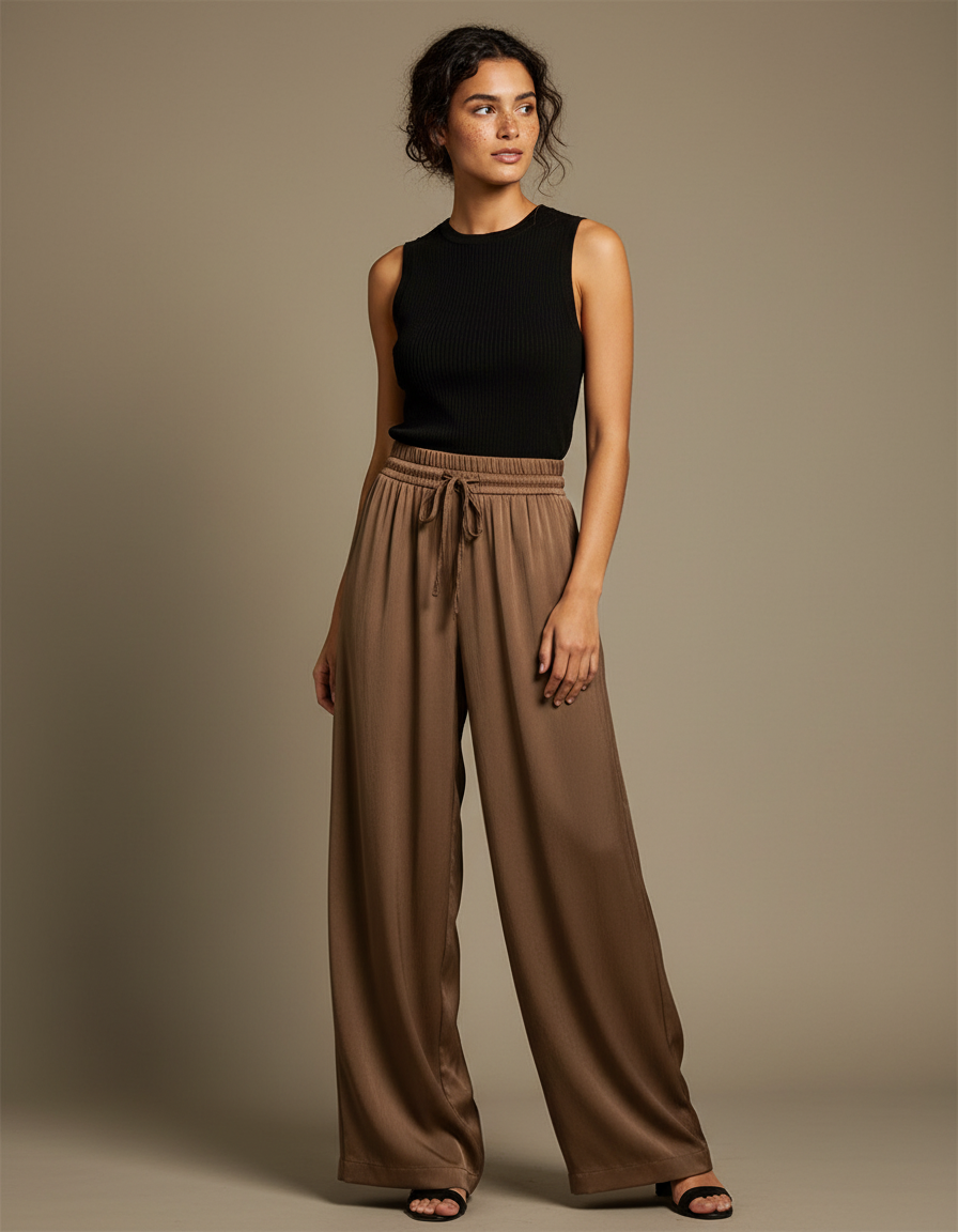 Pantalon Fluide Marron Satiné Ample Décontracté Femme