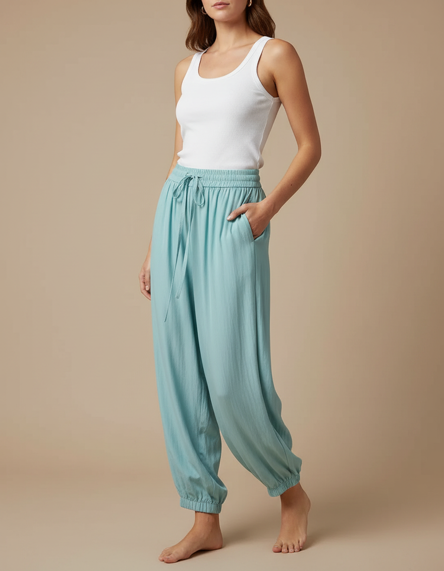 Pantalon Fluide Bleu Ciel Cordon Ample Cheville Casual - Viscose