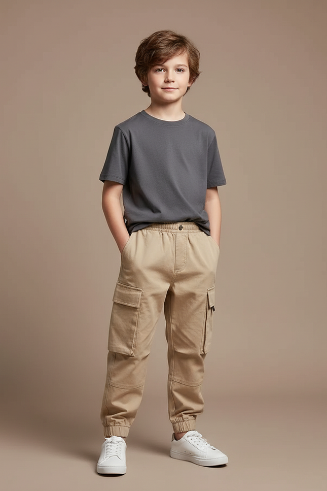 Pantalon Fluide Cargo Beige Ample Garçon Coton