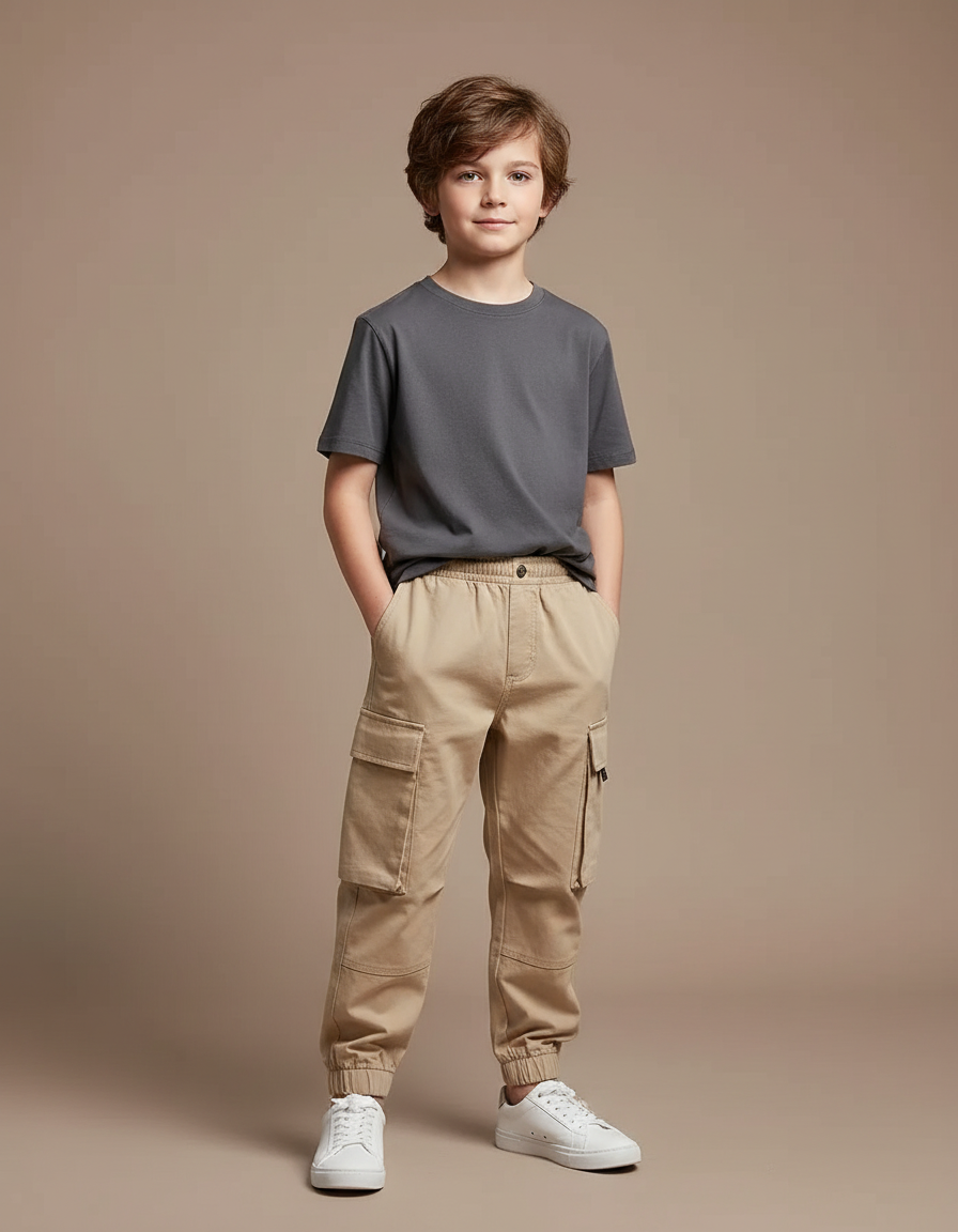 Pantalon Fluide Cargo Beige Ample Garçon Coton