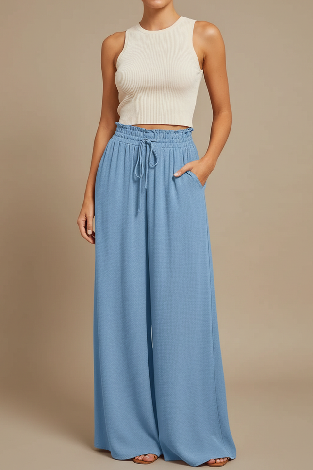 Pantalon Smocké Fluide Femme - Bleu Viscose