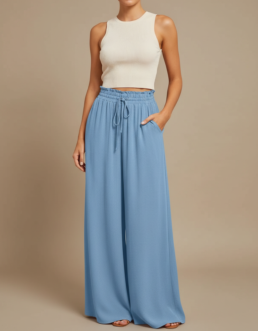 Pantalon Smocké Fluide Femme - Bleu Viscose