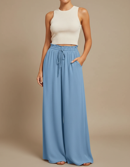 Pantalon Smocké Fluide Femme - Bleu Viscose