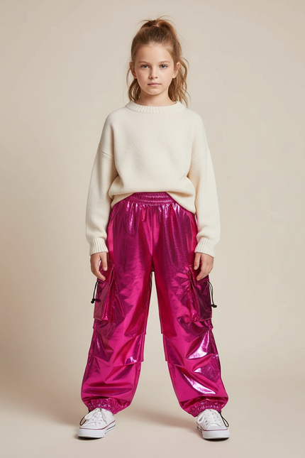 Pantalon Fluide Cargo Rose Métallique Ample Brillant Enfant - Polyester