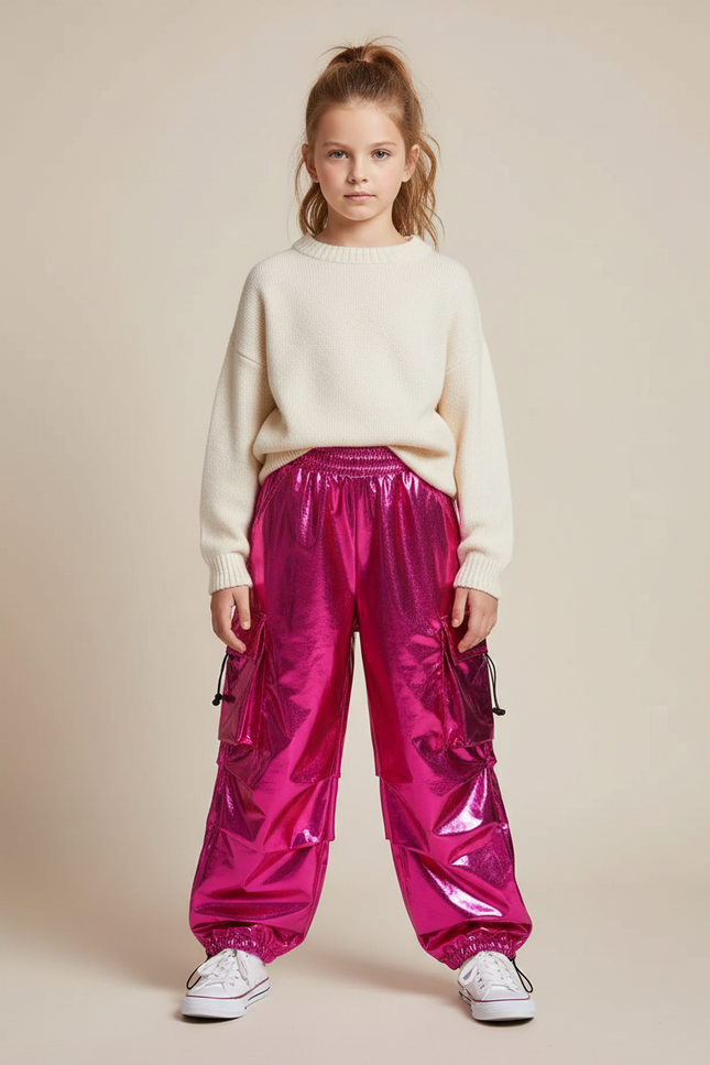 Pantalon Fluide Cargo Rose Métallique Ample Brillant Enfant - Polyester