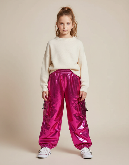 Pantalon Fluide Cargo Rose Métallique Ample Brillant Enfant - Polyester