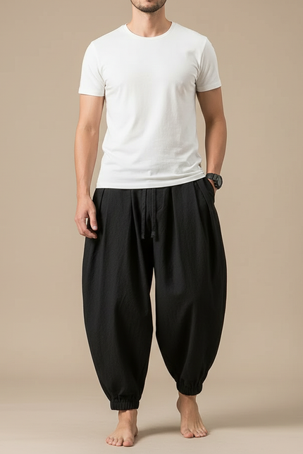 Pantalon Fluide Noir Ample Coton Lin Harem Homme