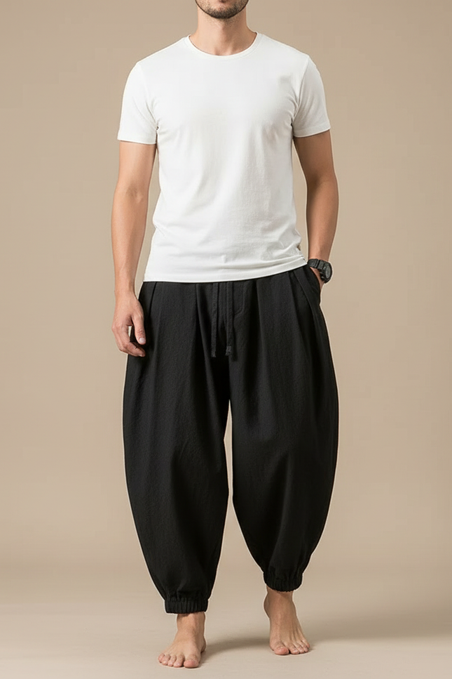 Pantalon Fluide Noir Ample Coton Lin Harem Homme