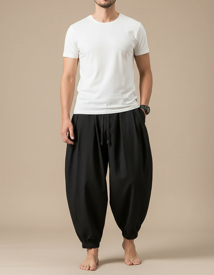 Pantalon Fluide Noir Ample Coton Lin Harem Homme