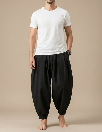 Pantalon Fluide Noir Ample Coton Lin Harem Homme