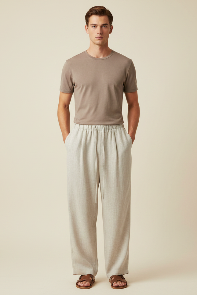 Pantalon Fluide Beige Large Décontracté Lin Homme