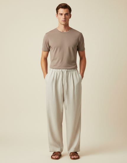 Pantalon Fluide Beige Large Décontracté Lin Homme